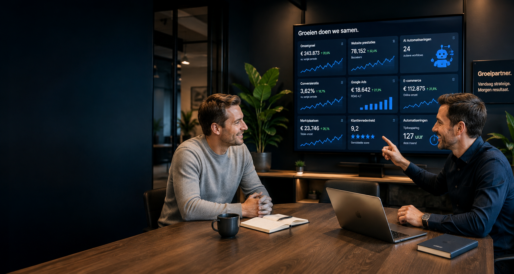 Ondernemer en groeipartner in gesprek bij een groeidashboard