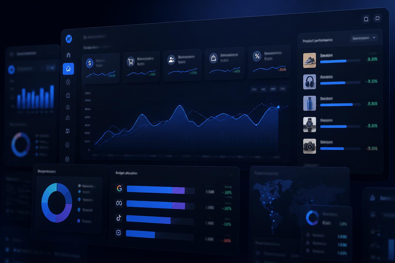 Dashboard met ROAS per product, budgetverdeling en campagneprestaties